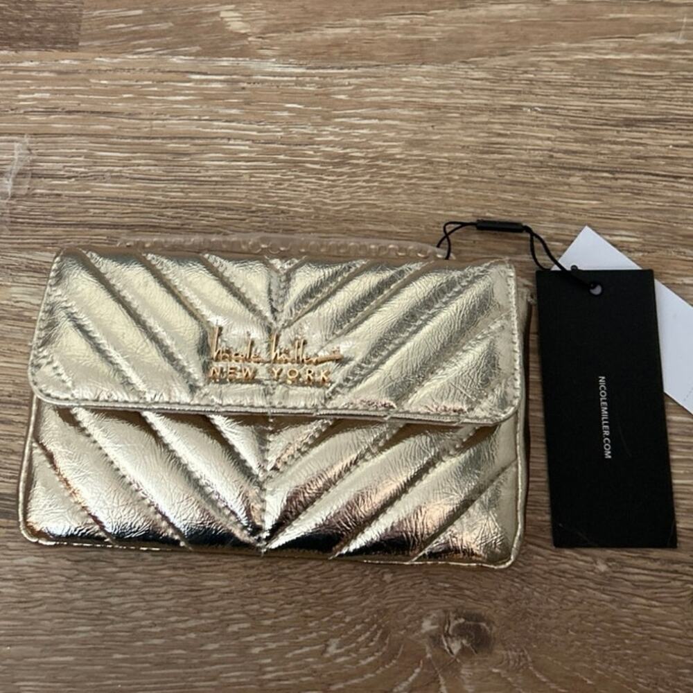 Nicole Miller Small Gold Quilted Chain Strap Shoulder /Crossbody Evening Bag - Picture 2 of 9